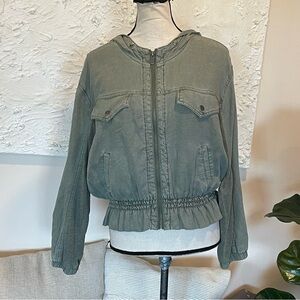 Splendid Bohdi Peplum Jacket Utility Full Zip Linen Hooded Sage Green Sz XS NWT